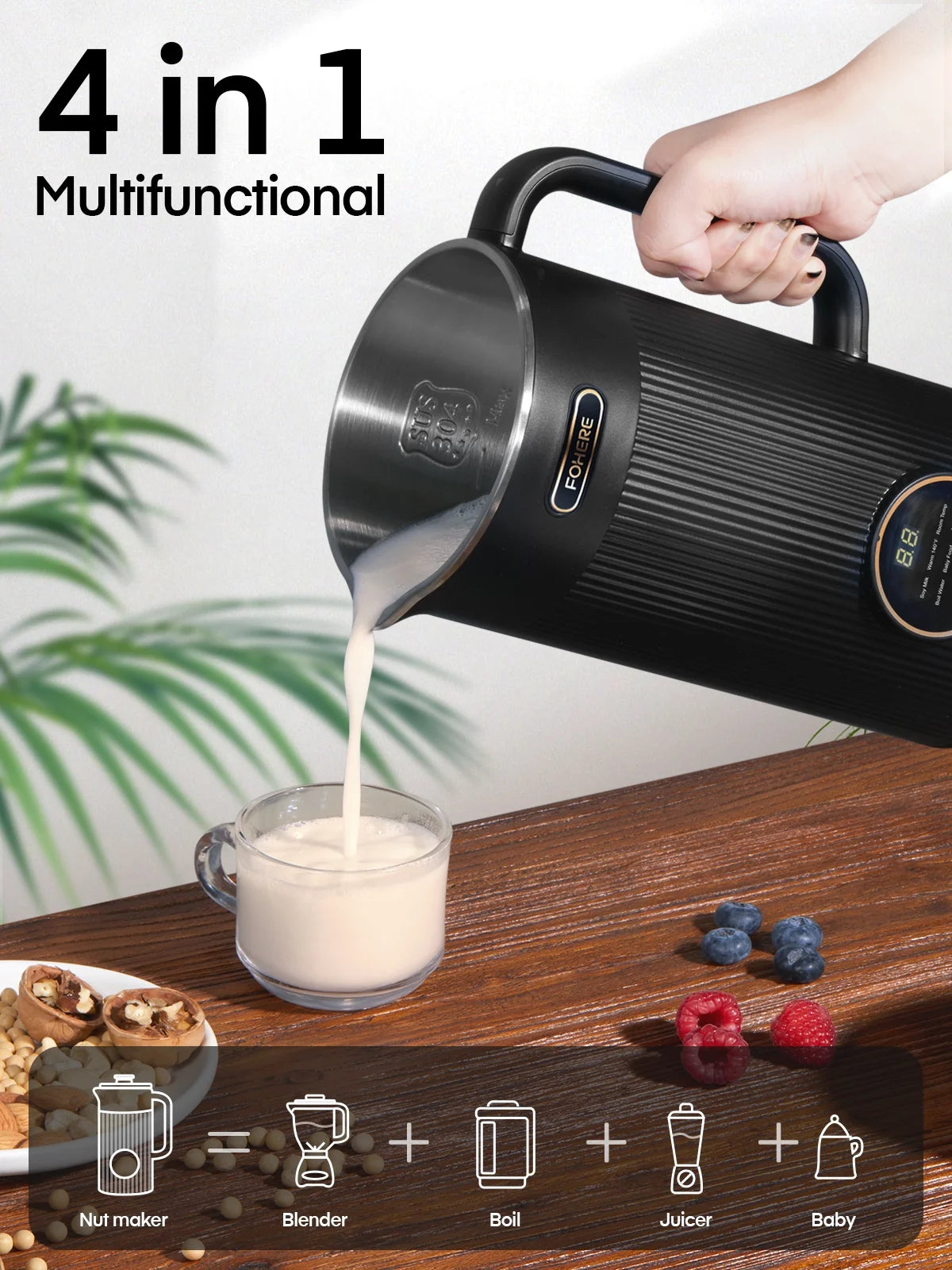 Nut Milk Maker, 35Oz Automatic Machine, 800W Homemade Plant Milk, Oat, Soy, Juice and Free-Dairy Drinks, with Delay Start/Self-Clean/Keep Warm/Boil