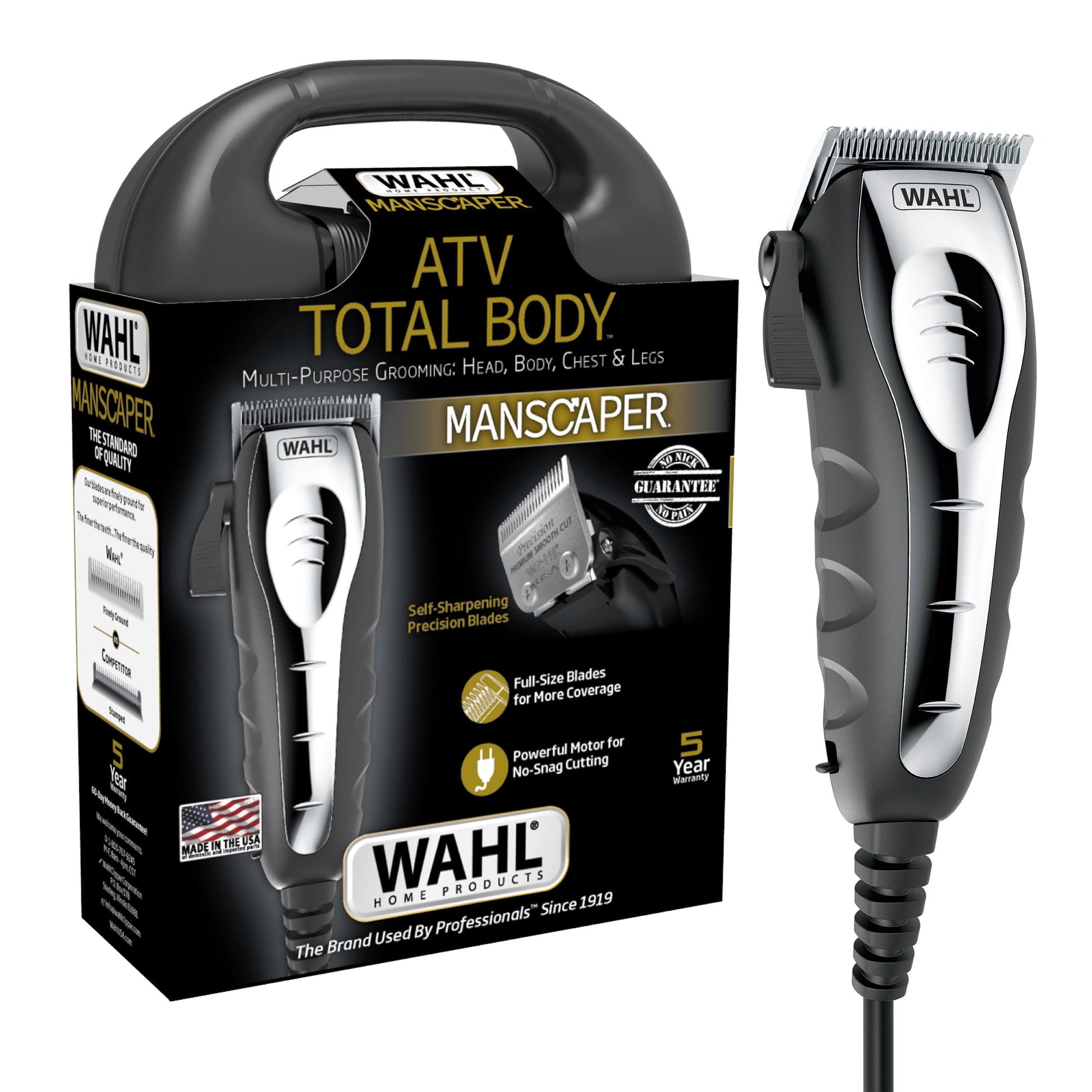 ATV Total Body Manscaper Hair Clipper for Men, Corded 18Pc, Black Chrome 3024498