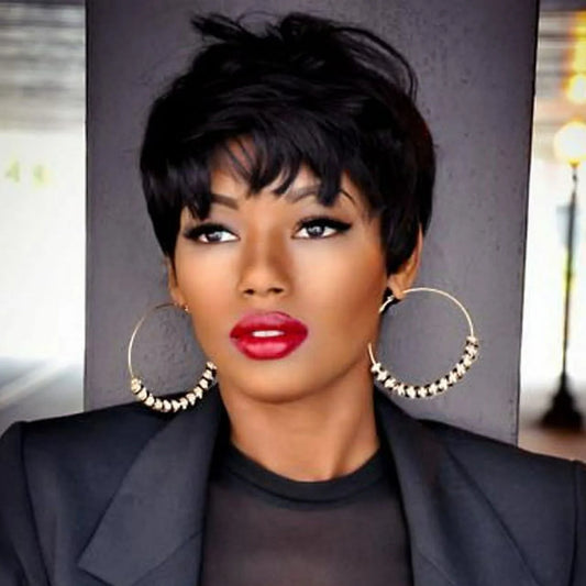 9" Human Hair Wig Short Wigs for Black Women Glueless Wigs Human Hair Black Wigs Pixie Cut Wigs with Bangs