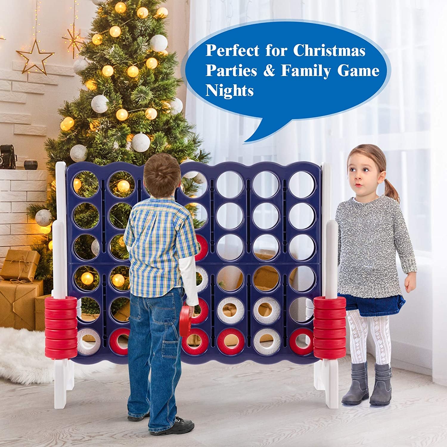 Jumbo 4-To-Score Giant Game Set, 4 in a Row for Kids and Adults, 3.5FT Tall Indoor & Outdoor Game Set with 42 Jumbo Rings & Quick-Release Slider, Perfect for Holiday Party & Family Game