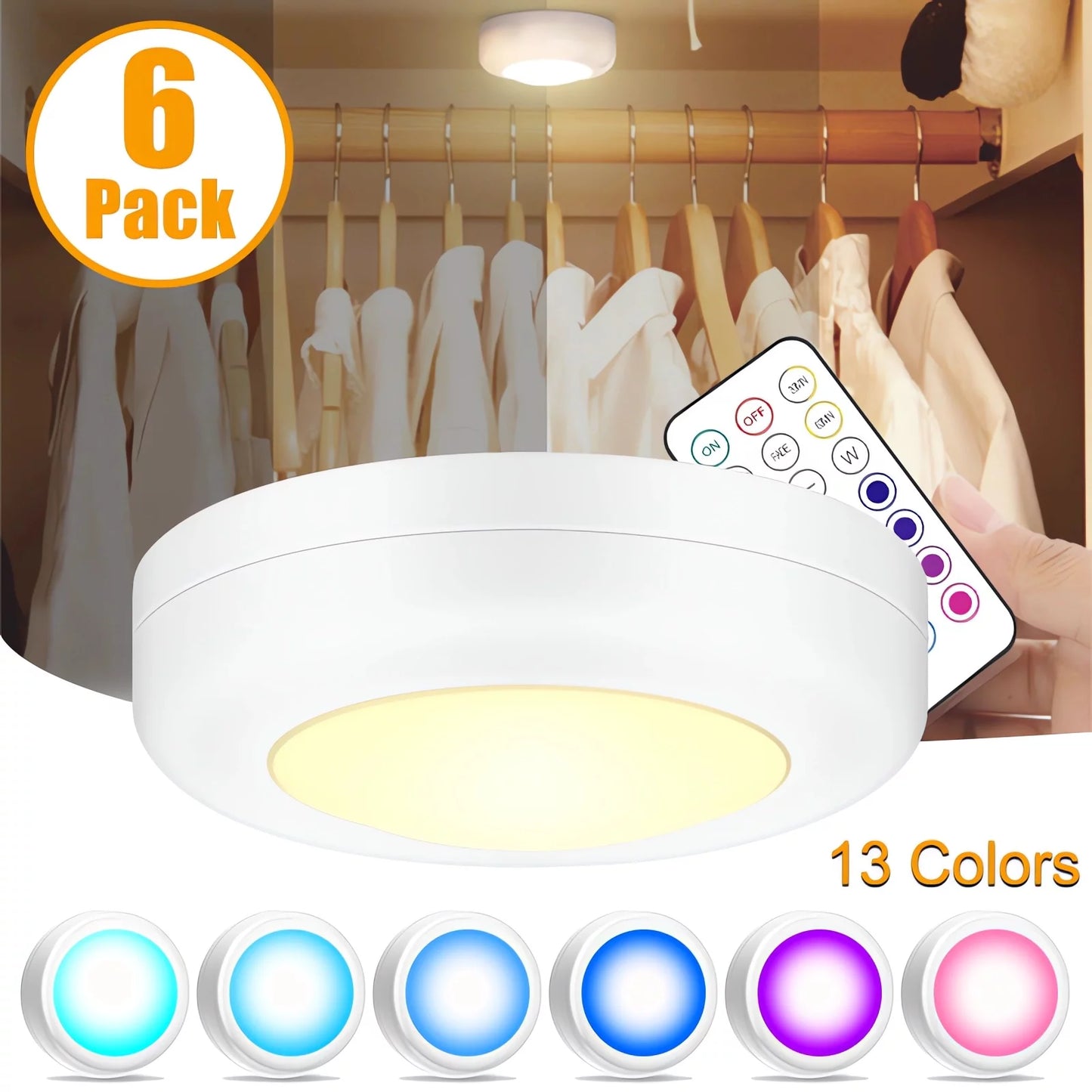 Puck Lights, 13 Colors Changeable LED Puck Lightings Battery Powered Dimmable under Cabinet Lights, Battery Powered under Counter Lights with 2 Wireless Remote Controls for Kitchen (6 Pcs)