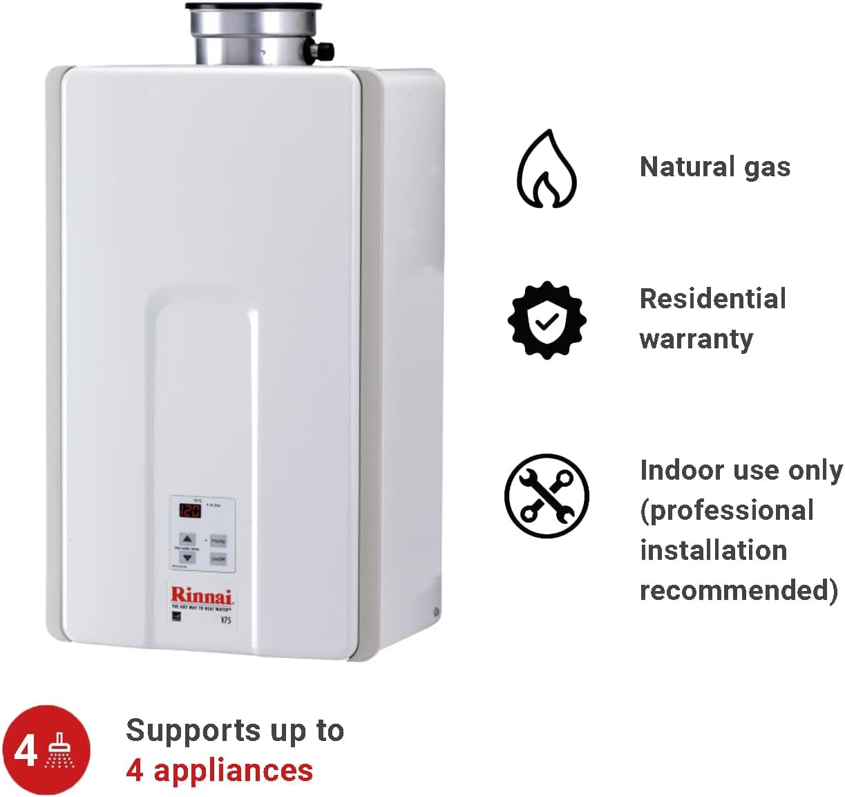 V65In Tankless Hot Water Heater, 6.5 GPM, Natural Gas, Indoor Installation