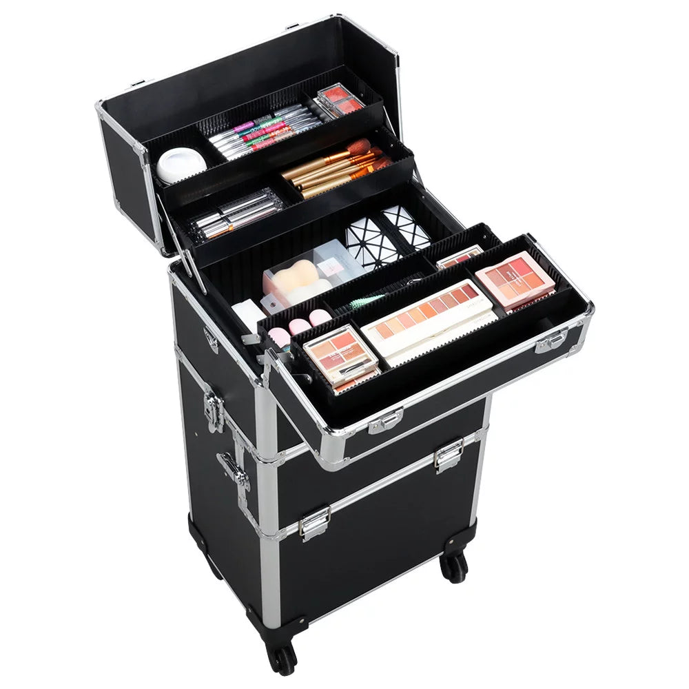 Professional Makeup Case, 3 in 1 Portable Trolley, Black