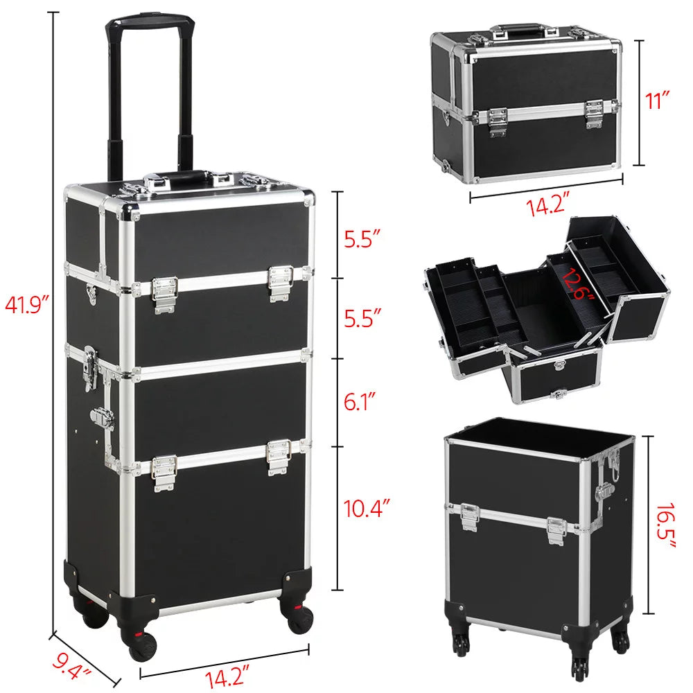 Professional Makeup Case, 3 in 1 Portable Trolley, Black