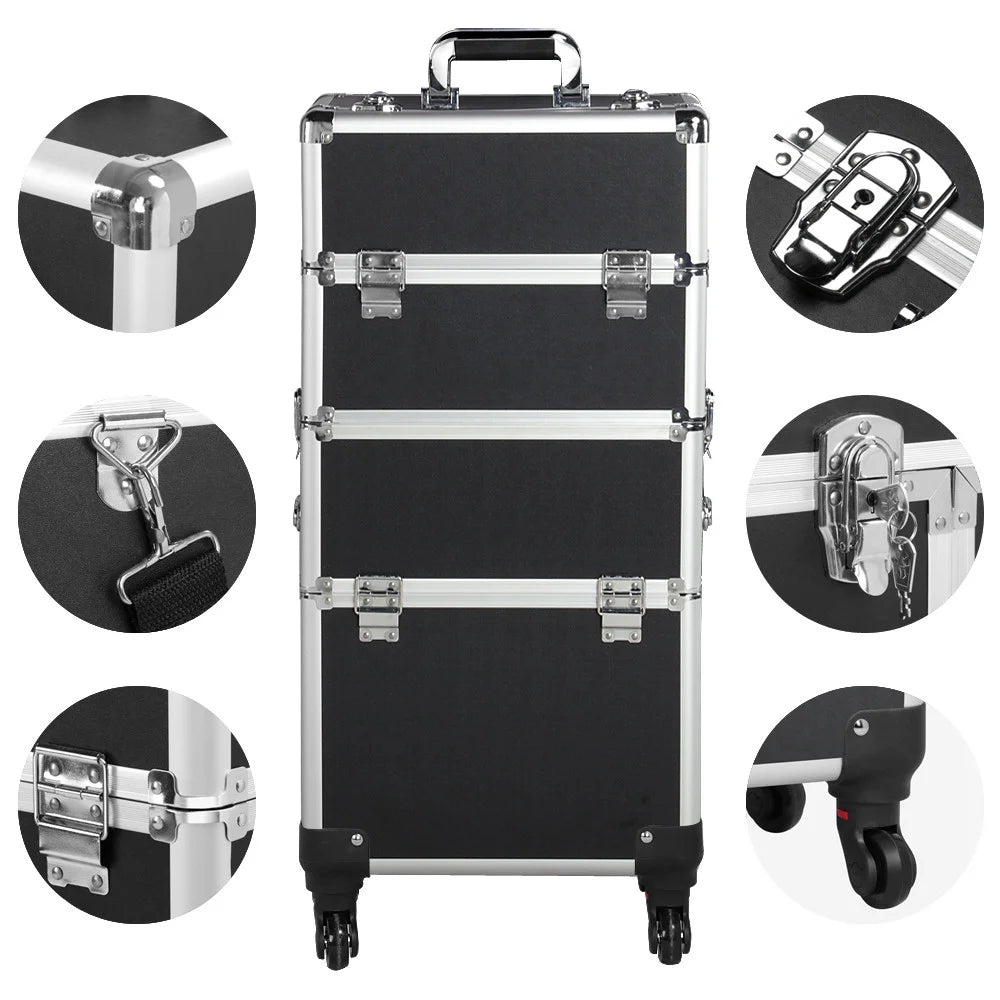 Professional Makeup Case, 3 in 1 Portable Trolley, Black