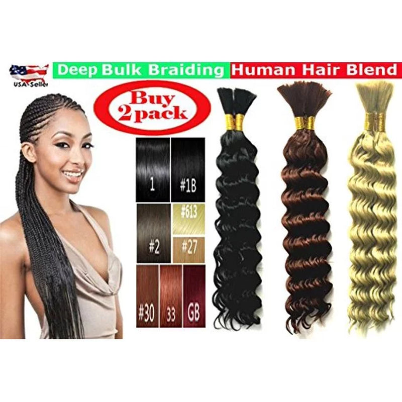 Hot Selling 18" Deep Weave Bulk Braiding Hair, Human Hair Blend Micro Braids 18" Deep Wave Bulk for Braiding and Colors, #33 Dark Auburn - 2 Pack