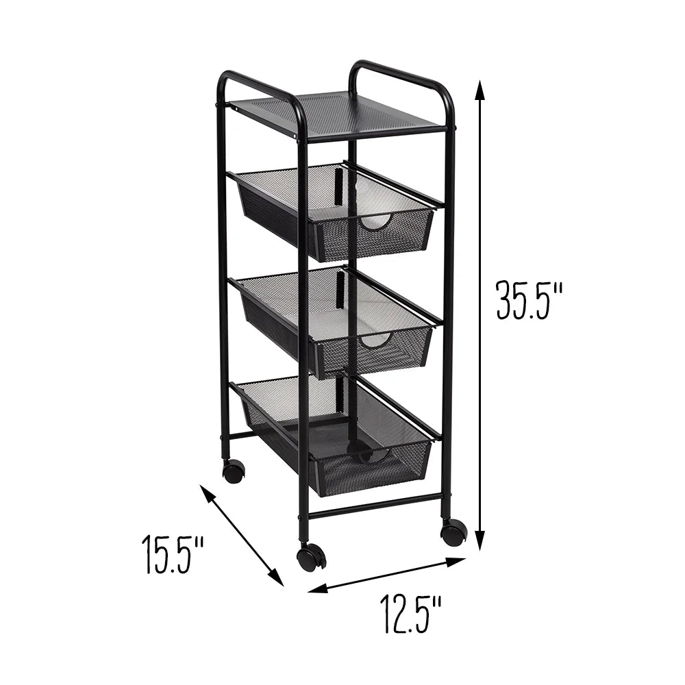 Metal 3-Drawer Rolling Storage Cart, Black