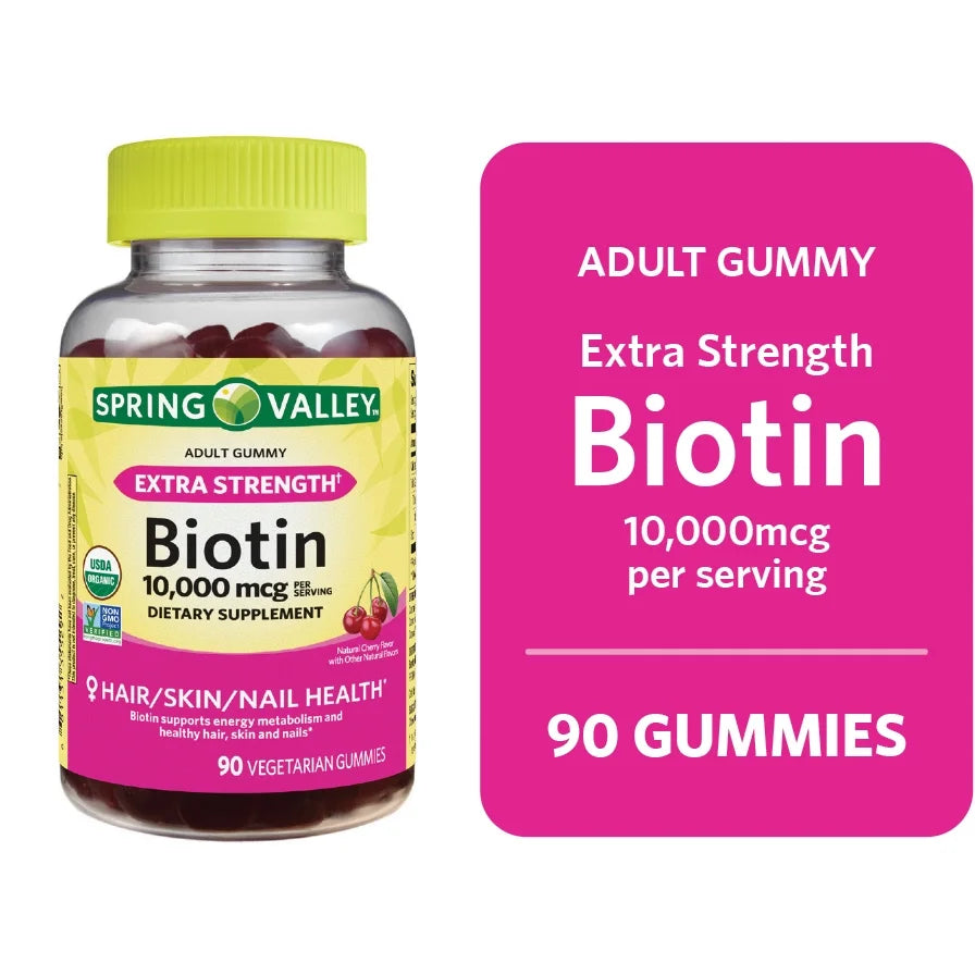 Non GMO Biotin Dietary Supplement Gummies, Cherry, 10000 Mcg, 90 Count