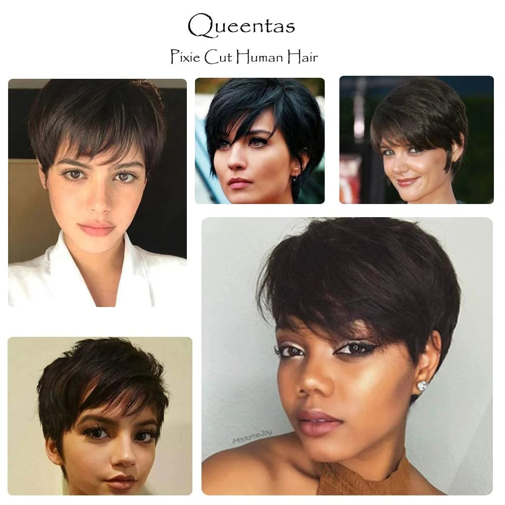 9" Human Hair Wig Short Wigs for Black Women Glueless Wigs Human Hair Black Wigs Pixie Cut Wigs with Bangs