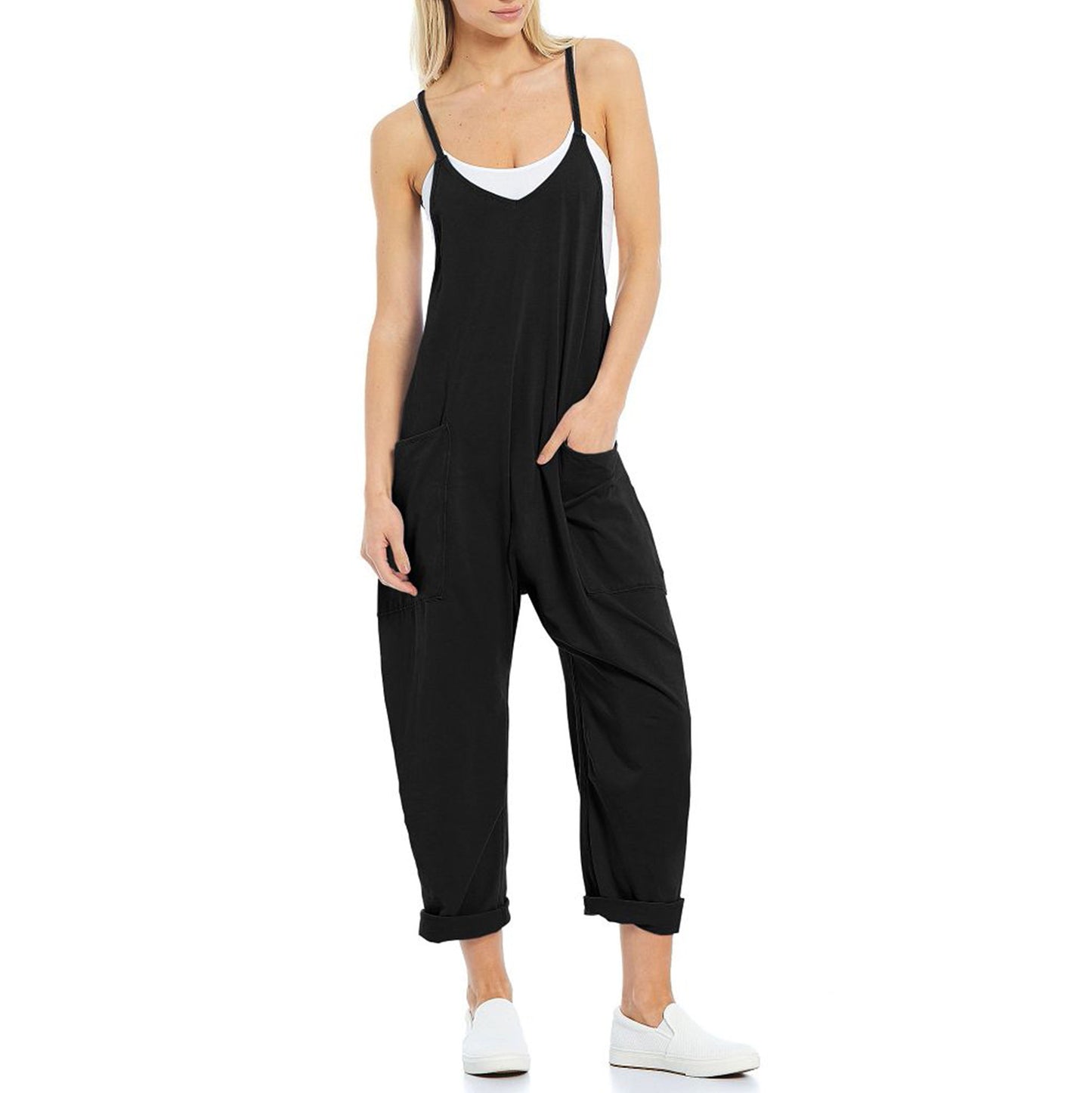 Women's Pocket Spaghetti Straps Knitted One-piece Trousers