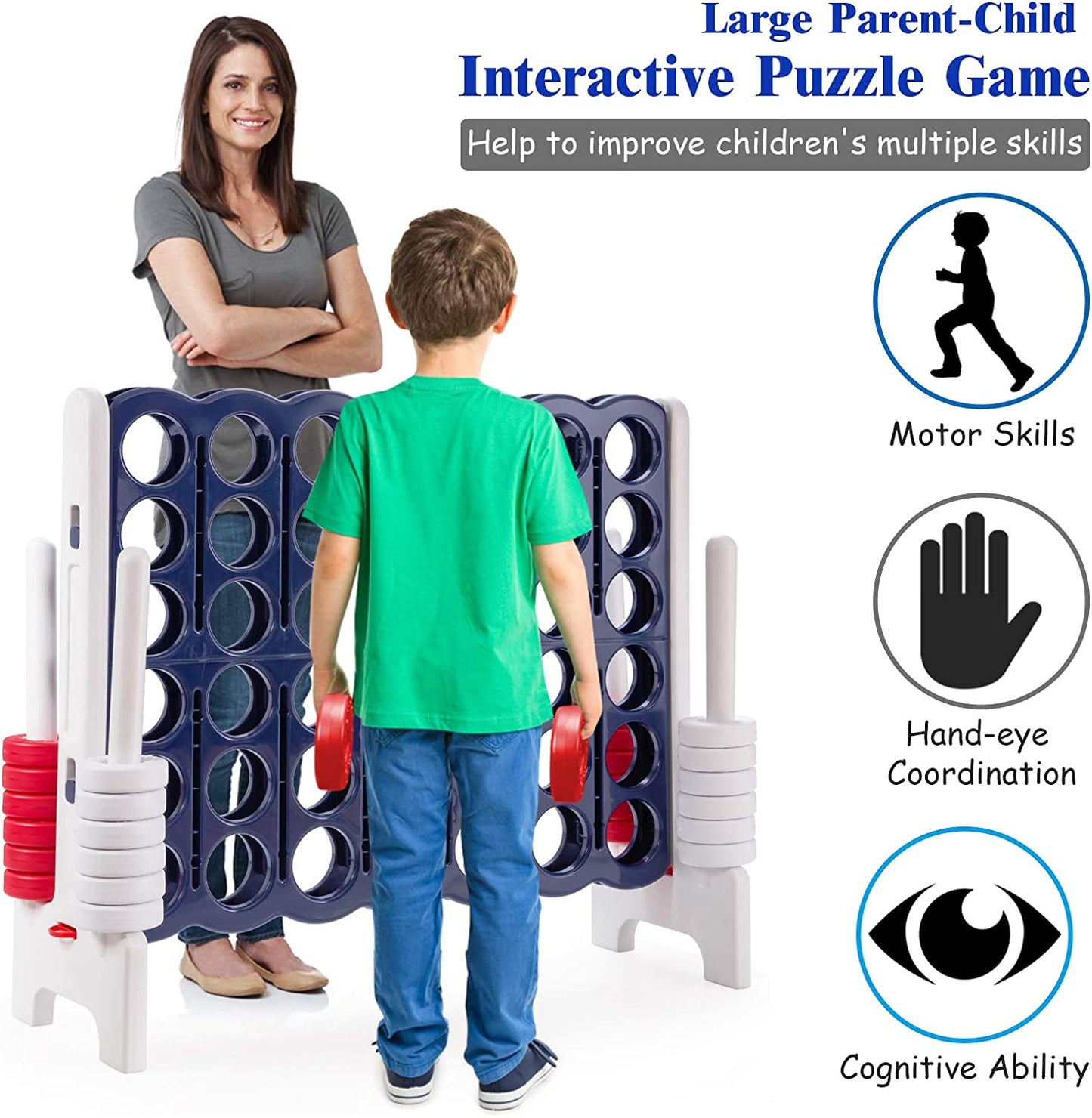 Jumbo 4-To-Score Giant Game Set, 4 in a Row for Kids and Adults, 3.5FT Tall Indoor & Outdoor Game Set with 42 Jumbo Rings & Quick-Release Slider, Perfect for Holiday Party & Family Game