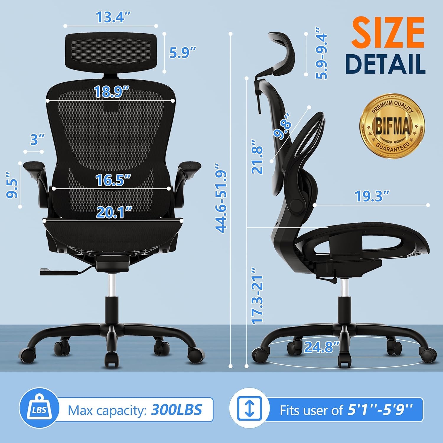 Ergonomic Mesh Office Chair, Adjustable Home Desk Chair with Folding Armrest, 2D Headrest, Soft Seat and PU Wheel, Black Swivel Task Chair for Office, Business, Student (GY1108)