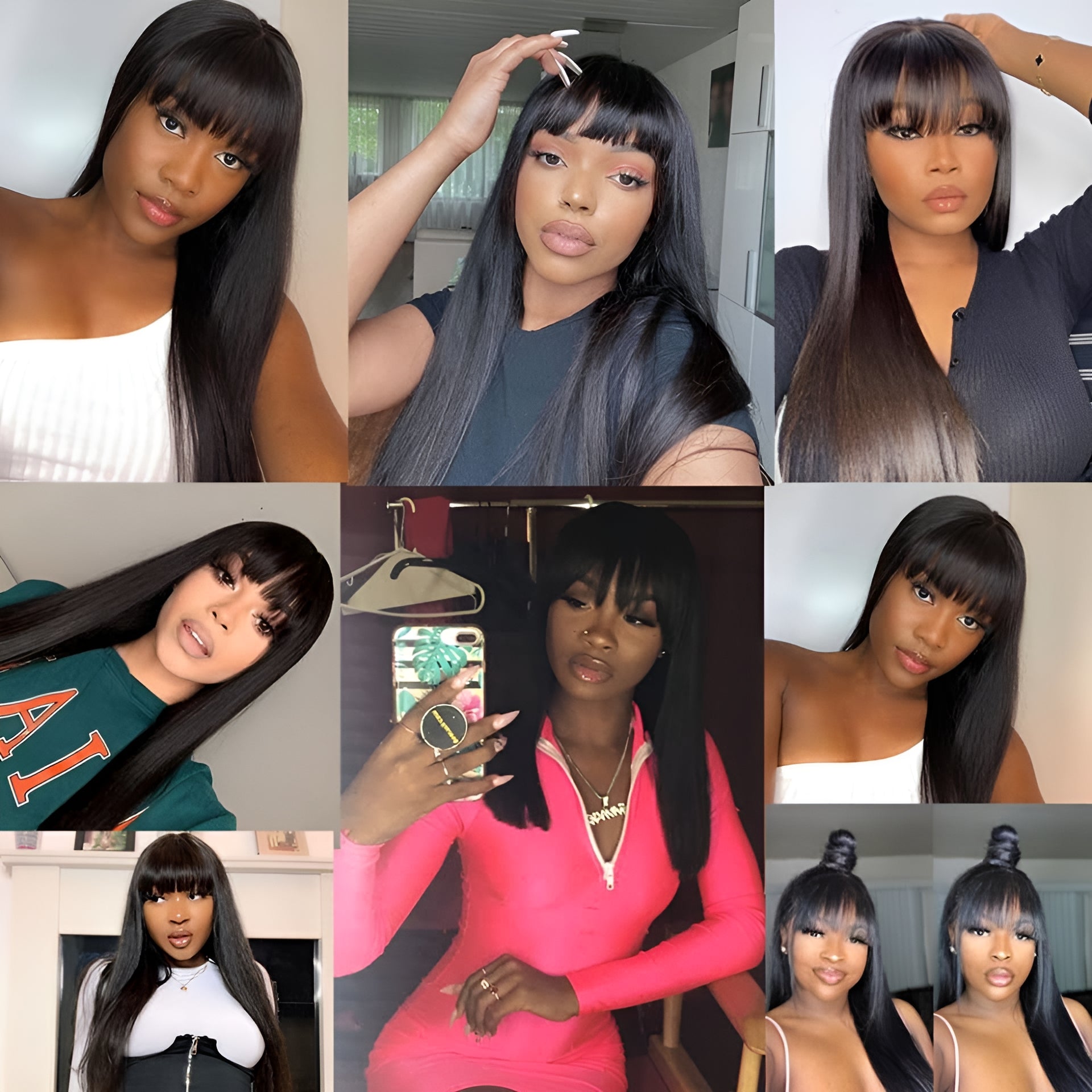 Silky Bone Straight Human Hair Wigs with Bangs None Lace Front Wigs for Women 180% Density Unprocessed Brazilian Virgin Human Hair Wigs Machine Made Glueless Wigs 18Inch