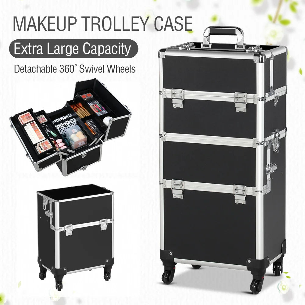 Professional Makeup Case, 3 in 1 Portable Trolley, Black