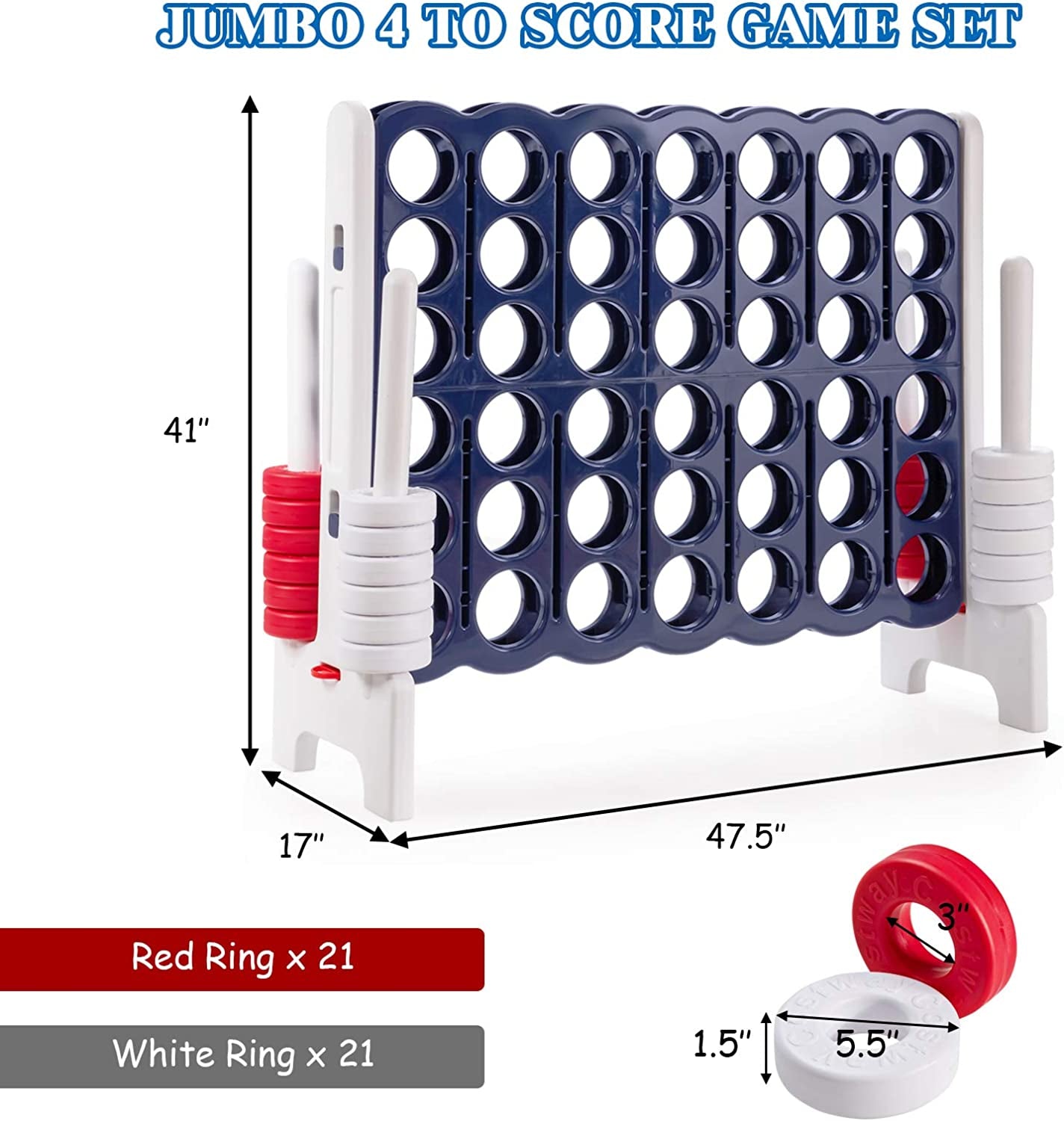 Jumbo 4-To-Score Giant Game Set, 4 in a Row for Kids and Adults, 3.5FT Tall Indoor & Outdoor Game Set with 42 Jumbo Rings & Quick-Release Slider, Perfect for Holiday Party & Family Game