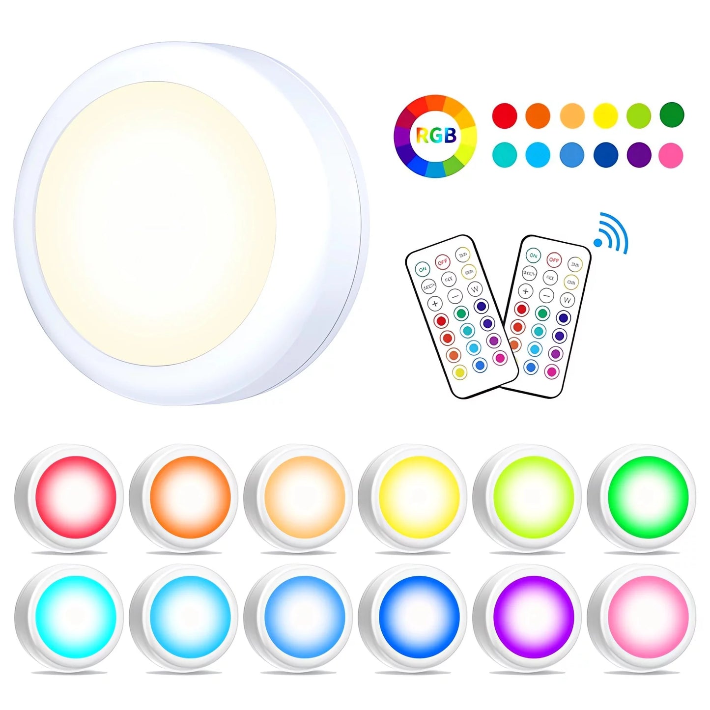 Puck Lights, 13 Colors Changeable LED Puck Lightings Battery Powered Dimmable under Cabinet Lights, Battery Powered under Counter Lights with 2 Wireless Remote Controls for Kitchen (6 Pcs)