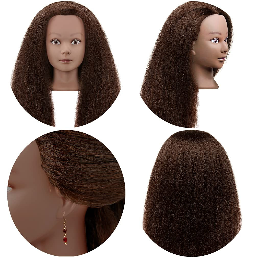 African American Mannequin Head with 100% Real Hair and Adjustable Stand 20-22” for Braiding Hair Styling Training Hairart Barber Hairdressing Fashion Salon Display