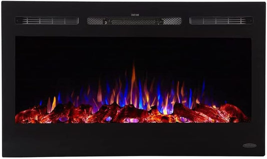 Smart Electric Fireplace-The Sideline 36 Inch Wide-In Wall Recessed-30 Realistic Ember Color/Flame Options-1500W Heater W/Thermostat-Black-Log & Crystal Hearth Options -Alexa/Wifi Enabled