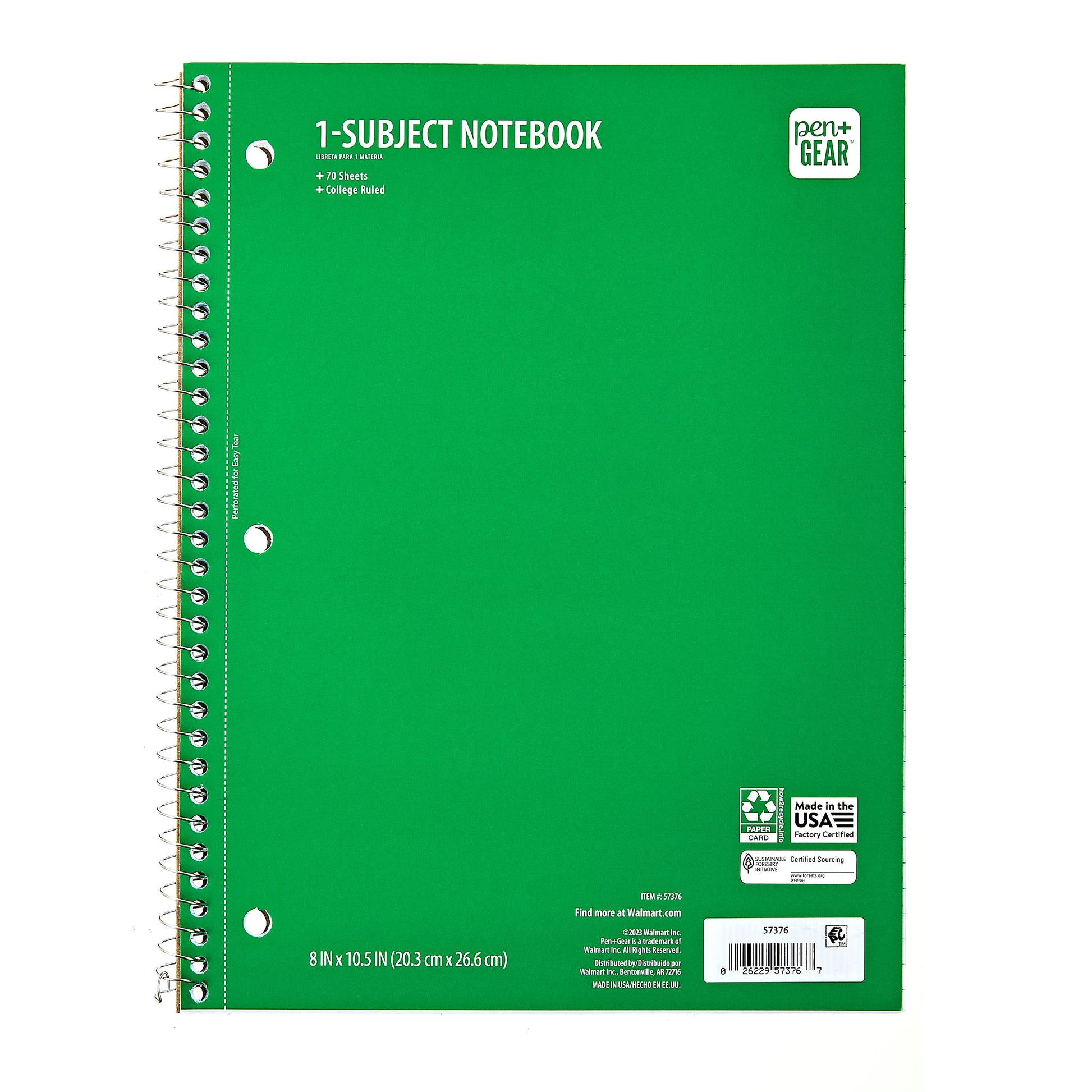 Pen + Gear College Ruled 1-Subject Notebook, 8" X 10.5", Green, 70 Sheets