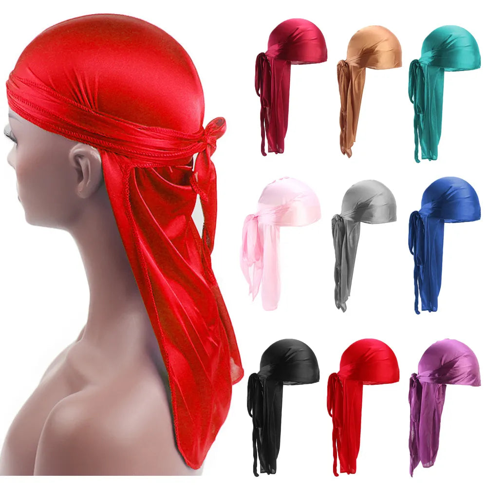 Unisex Adult Satin Long Tail Doo Rag Durag Bandanas Cap Pirate Hat Turban Men Hip Hop Headband Biker Headwrap Women Headwear