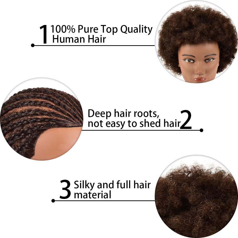 Mannequin Head 100% Human Hair Training Head Curly Hair Manikin Head Cosmetology Doll Head for Hairdresser Practice Styling Braiding with Clamp Stand (BB)