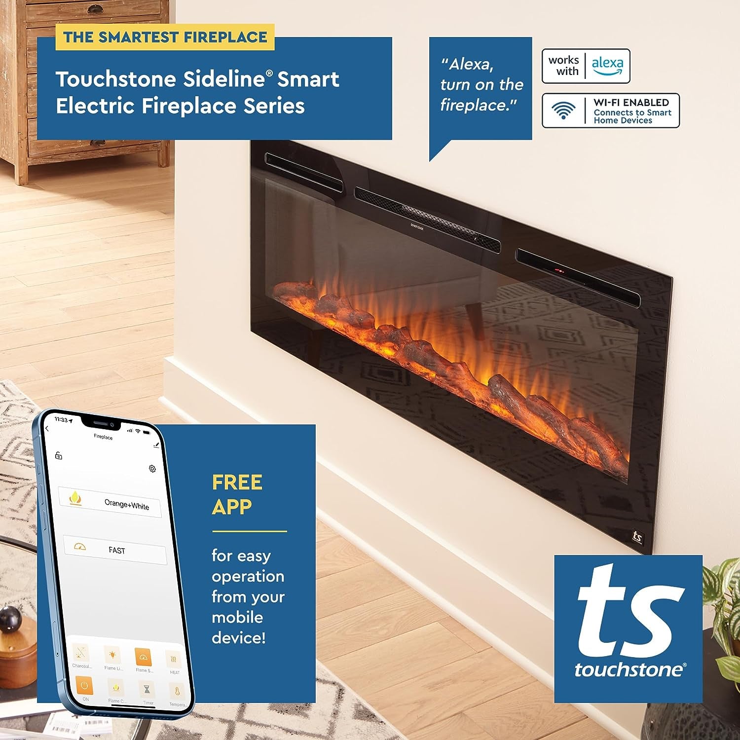 Smart Electric Fireplace-The Sideline 36 Inch Wide-In Wall Recessed-30 Realistic Ember Color/Flame Options-1500W Heater W/Thermostat-Black-Log & Crystal Hearth Options -Alexa/Wifi Enabled