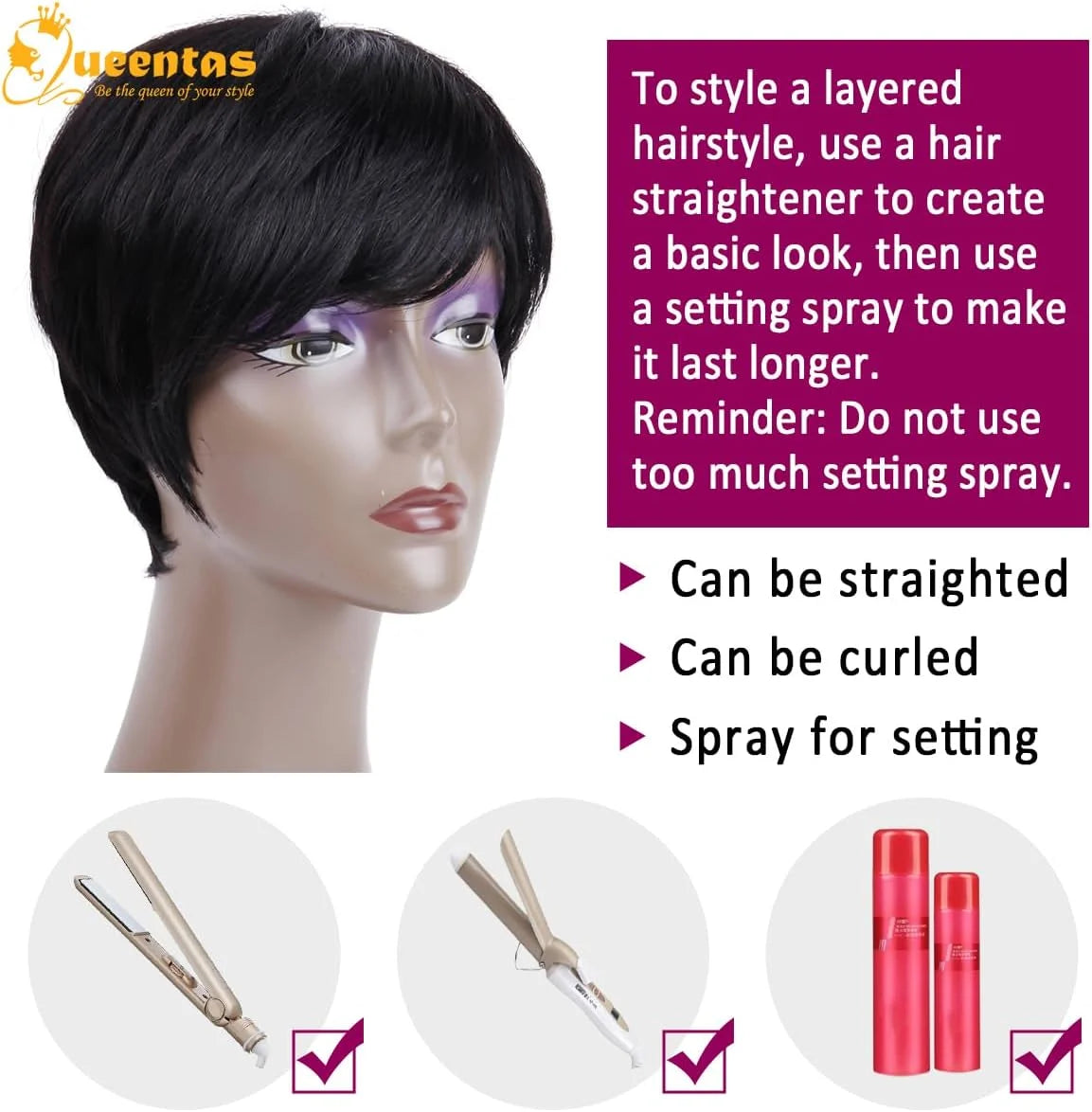 9" Human Hair Wig Short Wigs for Black Women Glueless Wigs Human Hair Black Wigs Pixie Cut Wigs with Bangs