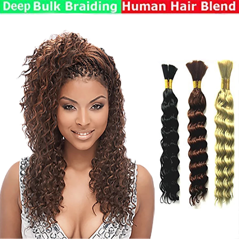 Hot Selling 18" Deep Weave Bulk Braiding Hair, Human Hair Blend Micro Braids 18" Deep Wave Bulk for Braiding and Colors, #33 Dark Auburn - 2 Pack