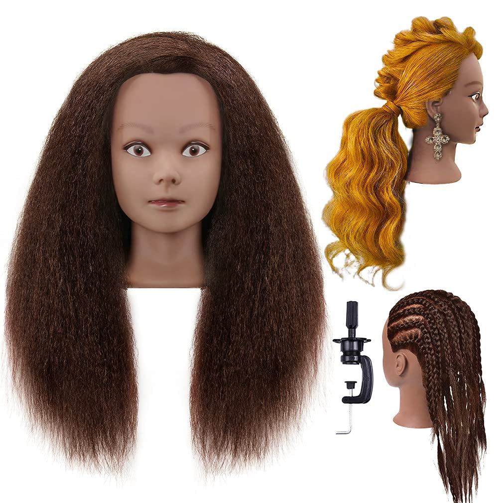 African American Mannequin Head with 100% Real Hair and Adjustable Stand 20-22” for Braiding Hair Styling Training Hairart Barber Hairdressing Fashion Salon Display