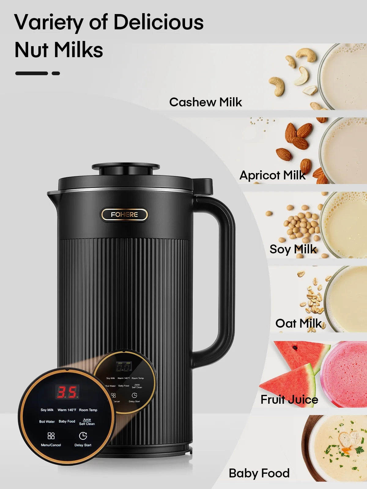 Nut Milk Maker, 35Oz Automatic Machine, 800W Homemade Plant Milk, Oat, Soy, Juice and Free-Dairy Drinks, with Delay Start/Self-Clean/Keep Warm/Boil