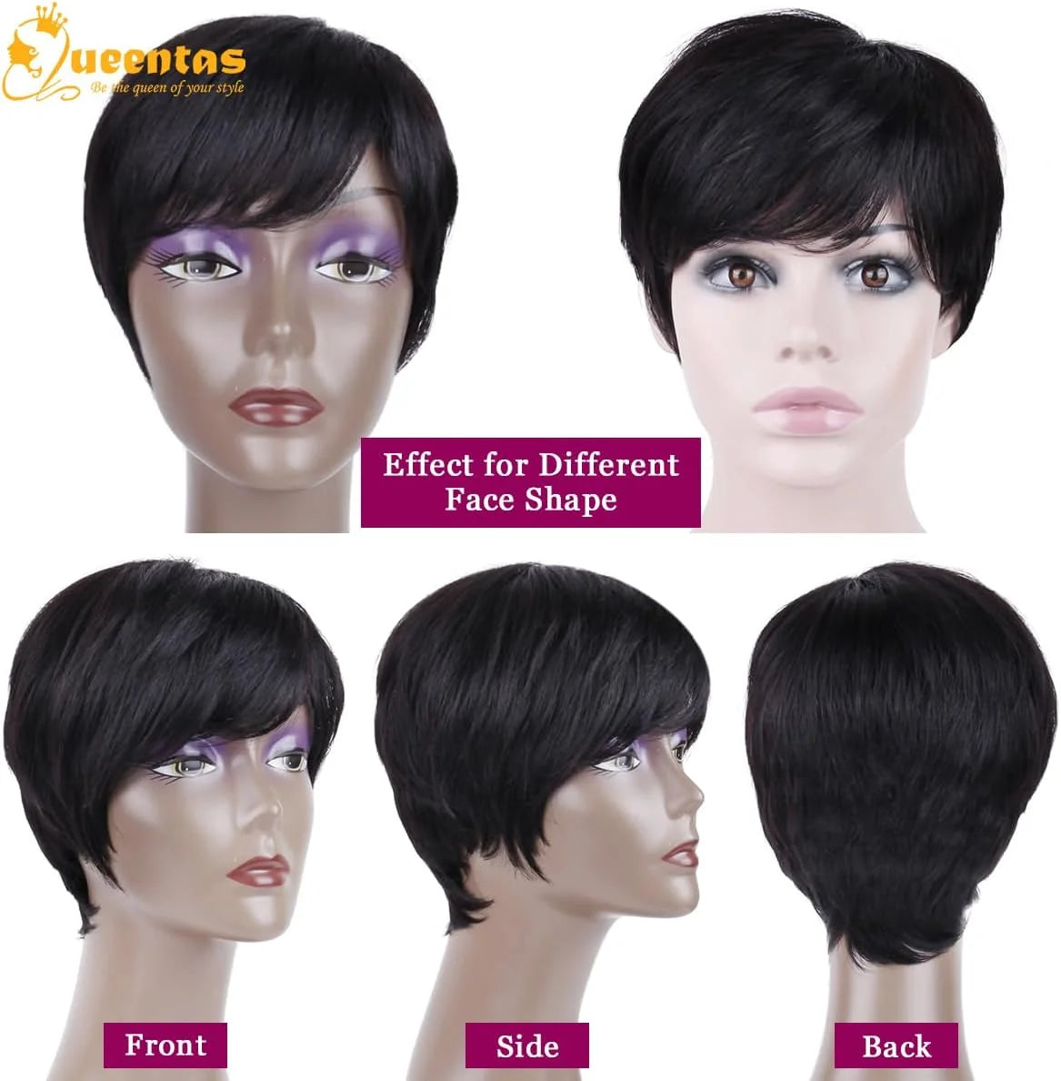 9" Human Hair Wig Short Wigs for Black Women Glueless Wigs Human Hair Black Wigs Pixie Cut Wigs with Bangs